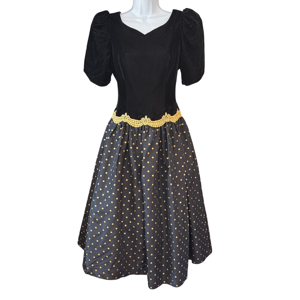Vintage Expo Nite Dress 80s Party Velvet Polka Dot Gold Trim Sweetheart Sleeves